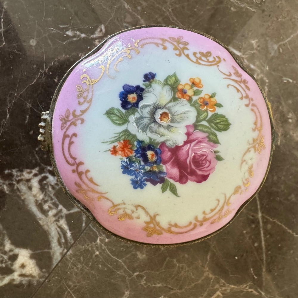P. Limoges France Porcelain Trinket Box Floral Pink Gold Gilt Hinged Pill Box